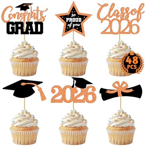 Image of 48 PCS Graduation Cupcake Toppers 2026, 6 Styles Grad Cake Topper, Black and Orange Graduation Decorations, Glittery Cap and Diploma Cake Picks for Congrats Grad Decor Party Supplies