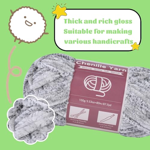 Image of LUNARM Chenille Yarn for Crochet Knitting Chunky Blanket Velvet Yarn | 3 Pack 3.5oz /100g 263 Yard Gray Ink Gradient Yarn for Beginners Knitting Scarves with Big Eye Needles Machine Washable