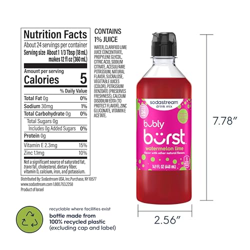 Image of Sodastream Bubly Burst Watermelon Lime New Pour Bottle 14.9 FL OZ (Pack of 4)