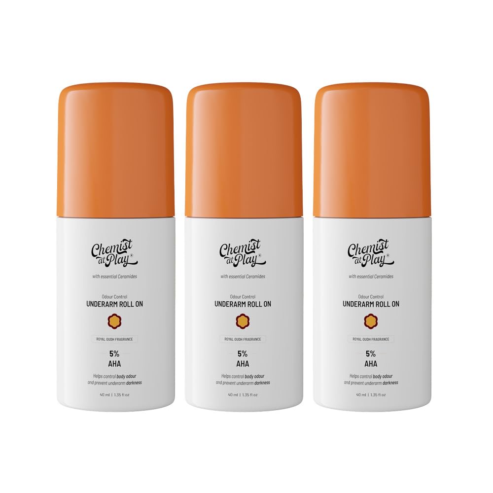 Chemist at Play UnderArm Roll-On Deodorant with 5% AHA, Lactic Acid & 1% Mandelic Acid | Prevents Body Odour, Brightens Skin & Exfoliates Underarm | Royal Oudh Fragrance | 40ml (Pack of 3)