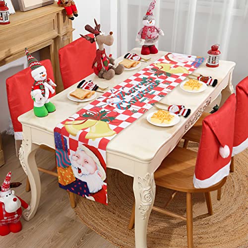 MXSEY Christmas Chair Cover Decoration - 4 Pack Santa Hat Chair Cover, 2PCS Santa Cutlery Bag, 1PC Deer Cutlery Bag, 1PC Snowman Cutlery Bag and 1PC Santa Table Runner for Christmas Decoration