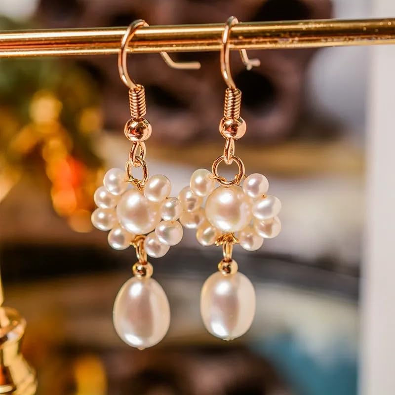 Pendientes de perla de agua dulce plateados en oro de 14K - Diseño de aro de gota tejido a mano, pendientes delicados, elegantes y ligeros para uso diario