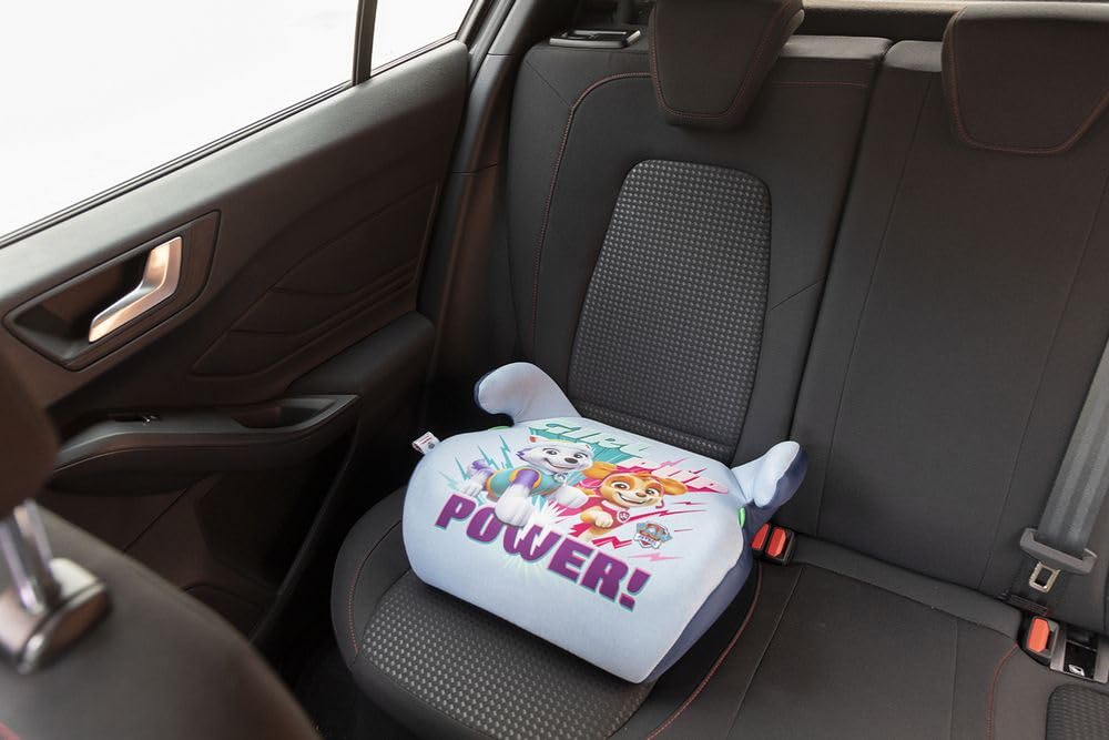 Tataway Paw Patrol seggiolino alzatina auto i-Size ECE R129. Rialzo bimbi 125-150 cm con grafiche di Everest e Skye, seduta azzurra, comodo e sicuro per ogni viaggio in auto
