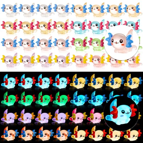 FFNIU 32Pcs Luminous Mini Resin Axolotl, Miniature Axolotl Figurines, Glow in The Dark Tiny Axolotl Ornament for Garden Landscape Aquarium Dollhouse Birthday Party Room Crafts Decor