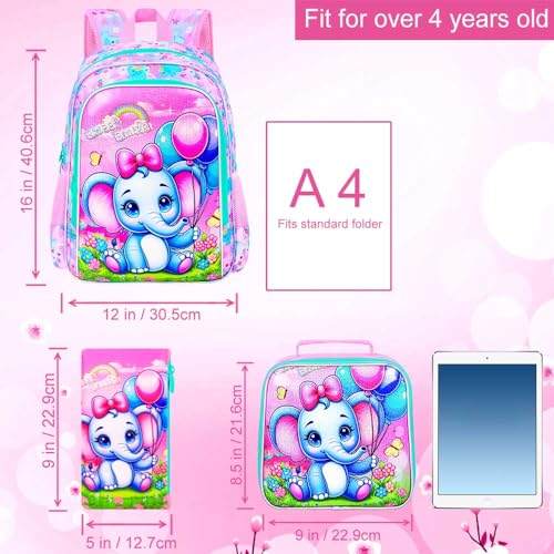 3PCS Backpack for Girls, 16'' Kids Elephant Bookbag with Lunch Box, Cute Animal Water Resistant School Bag Set for Elementary Kindergarten Preschool3