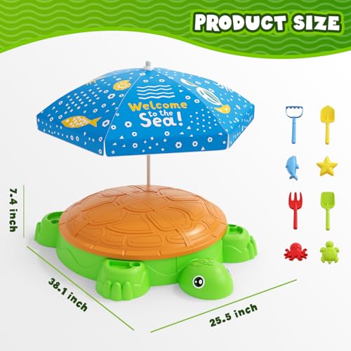 image for HYES Turtle Sandbox with Lid, Sand Pit with Adjustable Umbrella & 8pcs