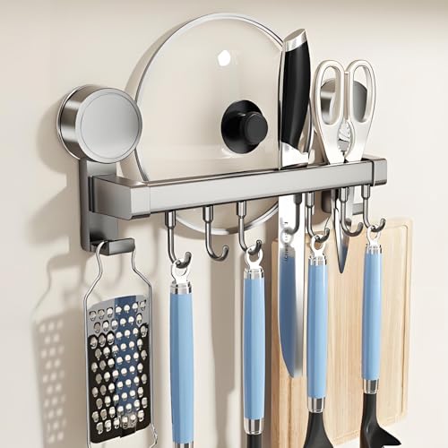 Lyzone キッチンツールフック 吸盤式 アルミニウム 強力粘着 軽量 防水防錆 調理器具 鍋蓋置き 穴あけ不要 壁掛け 台所収納 強い収納力 可動式 簡単取付 (30cm 6個フック)