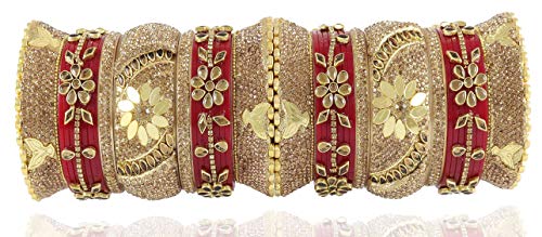 Image of NMII Traditional Gold Plated Acrylic Bangles Bridal Chuda Set For Women & Girls with Zircon Diamond & Pearls Beads Work | Royal Wedding Chudas | Premium Look | Bangles For Wedding, Festive, Function