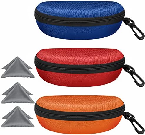 3 Pack Sunglasses Case Portable Travel Zipper Eyeglasses Case Hook With Cleaning Cloth (B-red+blue+orange)