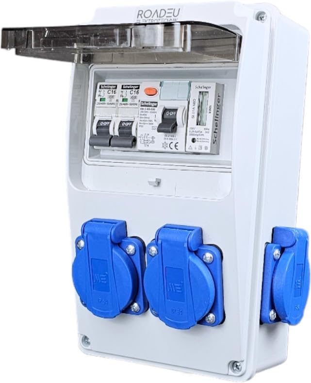 Distributeur De Courant De Chantier RoadEu 16A 5P - 2 Prises 230V Schuko IP44, Idéal Pour Les Travaux