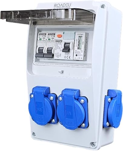RoadEu Stromverteiler 230V mit Zähler, 4x Schuko, Steckdosenverteiler mit Fi Schutzschalter 40A typ A/AC, 2x Leistungsschalter C16A. Baustromverteiler IP44. Digitaler Stromzähler Hutschiene