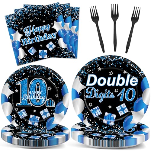 qyeahkj 100 pcs 10th birthday decorations for boys official teen 10th supplies plate napkin forks set disposable blue 10th birthday tableware paper plates dinnerware for kids teenager favors serve 25