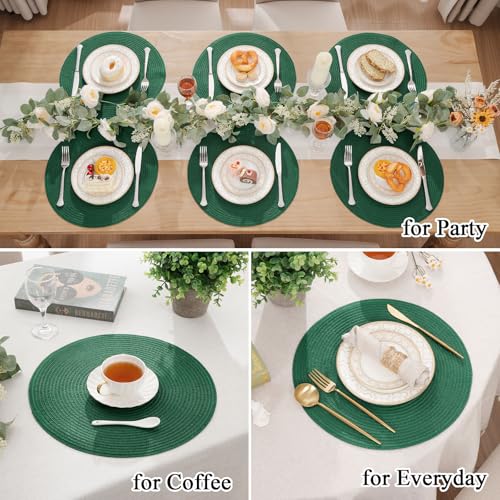 Image of SHACOS Dark Green Round Placemats Set of 6 Cotton Polyester Braided 15 inch Washable Kitchen Dining Table Place Mats Christmas Table Mats for Home Wedding Party Decor