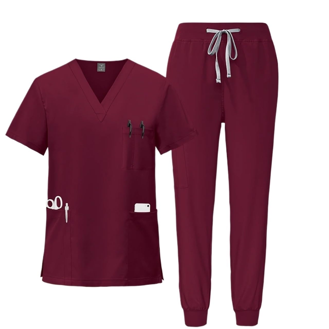 Uniforme Sanitario Unisex Uniformes médicos, Ropa de Trabajo enfermería, Camiseta con Cuello en V y Bolsillo, Pantalones Deportivos, Conjunto Uniforme quirúrgico clínico(Red,XL)
