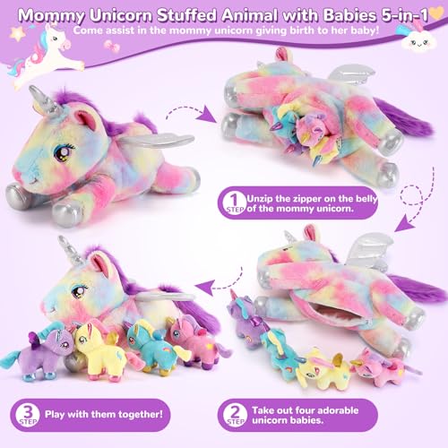 Image of 5 Pieces Unicorn Stuffed Animals - 1 Mommy Stuffed Unicorn with 4 Babies - Unicorns Gifts for Girls Ages 3-8, Unicorns Plush Toys for Christmas, Valentine's, Birthday Gifts (Rainbow)
