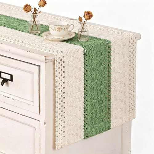 Image of MLMC Sage Green Boho Table Runner Farmhouse Macrame Woven Table Runner 72 inch Long Rustic Cotton Linen Blend Table Decor for Dinning Kitchen Wedding Bridal Shower Eveyrday Use 12x72 Inch