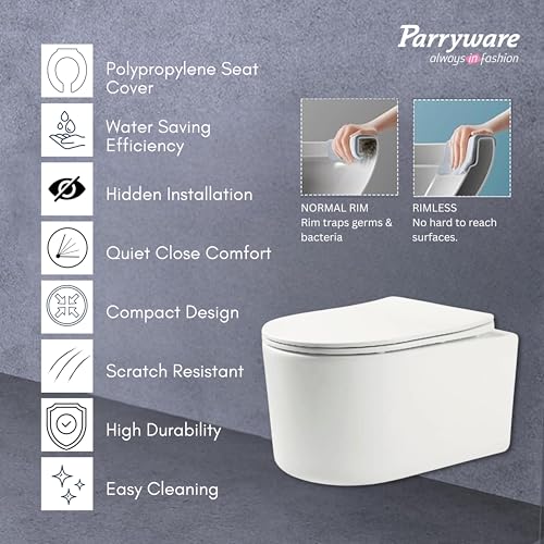 Image of Parryware CONFIDENT Ceramic Wall Hung Western Commode for Bathroom | Rimless Washdown Flush Commode with UF Soft Closing Toilet Seat | Elongated Wall Mount Ewc | Space Saving | C890U