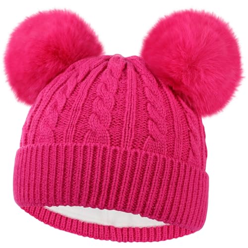 Kids Winter Beanie Hat Warm Fleece Lined Knitted Ski Cap with Double Pom Pom for Boys Girls Ages 7-12
