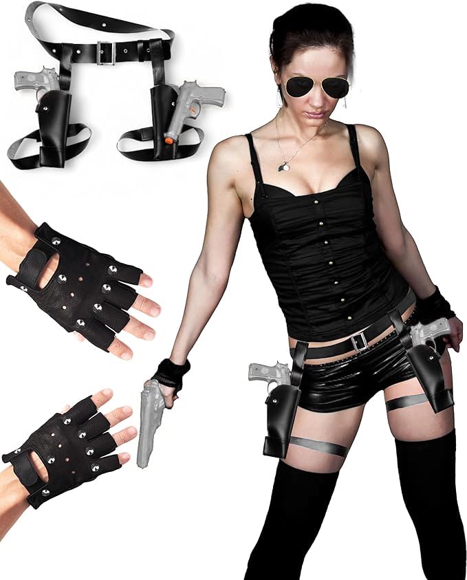 Mega_Jumble Costume Lara Croft Tomb Raider avec étui pour pistolets jumeaux pour cuisses et gants en cuir sans doigts pour aventurier Temple Runner