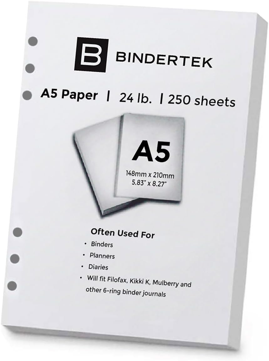 Bindertek 24 lb. A5 Size 5.83" x 8.27" 6-Hole Punched Paper, Ream of 250 Sheets, 96 Brightness, 90 gsm, For Filofax, Kikki K., Mulberry and other Journals and Diaries, Acid Free Archival Quality