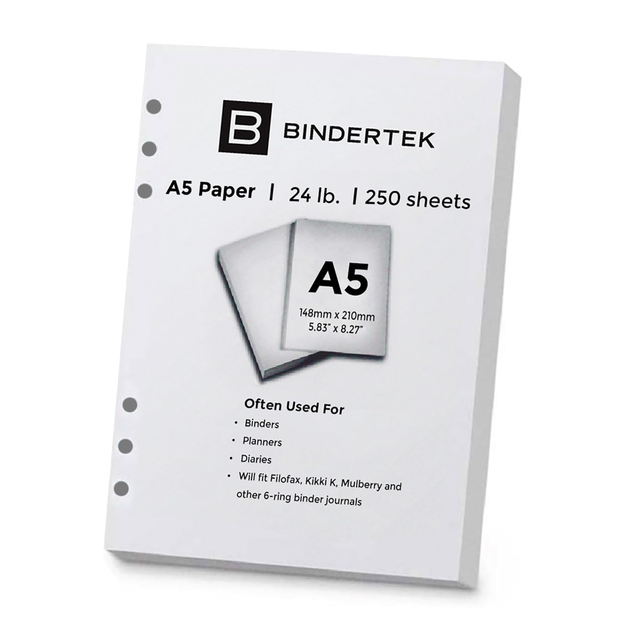 Bindertek 24 lb. A5 Size 5.83" x 8.27" 6-Hole Punched Paper, Ream of 250 Sheets, 96 Brightness, 90 gsm, For Filofax, Kikki K., Mulberry and other Journals and Diaries, Acid Free Archival Quality