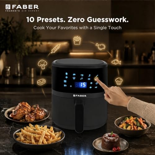 Image of Faber 4Ltr 1300W Digital Air Fryer | Fry, Bake, Roast | 85% Less Oil, 200C Swirl Heating| 360 Rapid Air Technology |10-Preset Menu| Touch Control | Auto Shut-Off |2 Yrs Warranty|Black, FAF CrispX 4.0