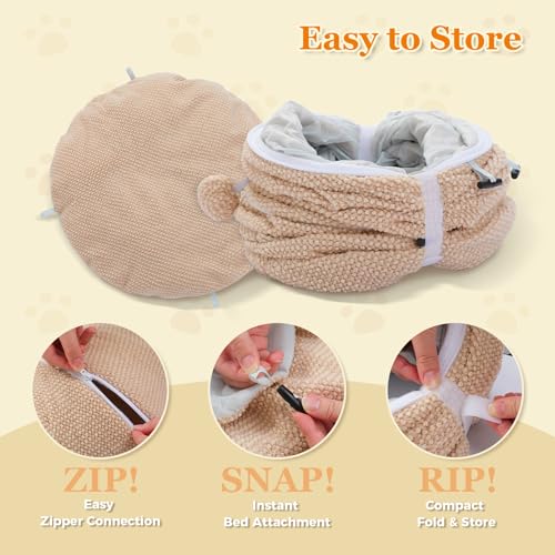 Image of PEQULTI Cat Donut Tunnel with Bed for Indoor Cats, Cat Play Tunnel with Washable Soft Plush Mat, Round Tube Toys Cute Tube for Kittens, Puppies, Rabbits and Ferrets, Beige