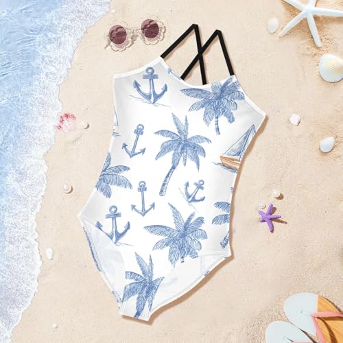 Palm Tree Sailboat Anchor Girls One Piece Swimsuits Summer Quick Dry Beach Bathing Suit3