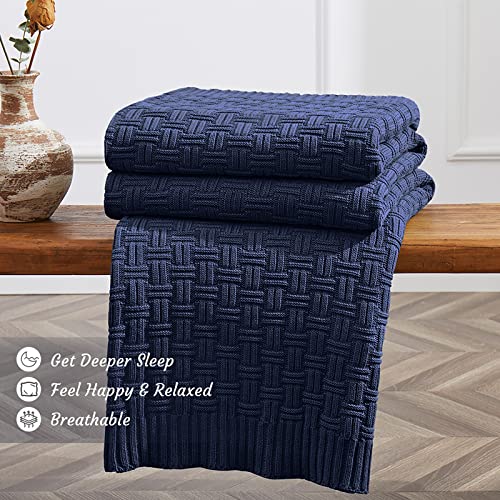 Image of TREELY 100% Cotton Knitted Throw Blanket 0 x 80 Inches, Navy Blue