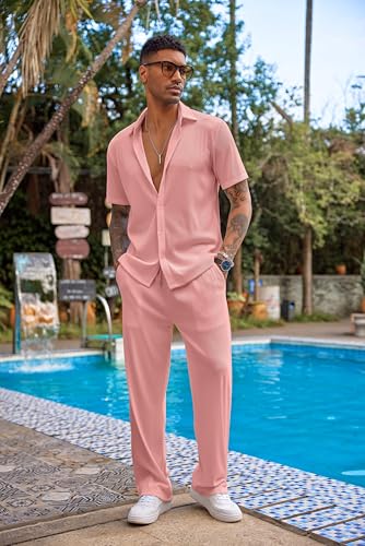 COOFANDY Men's 2 Piece Outfit Casual Short Sleeve Button Down Shirt Beach Summer Loose Pant Sets2