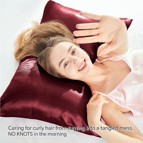 BEDELITE Satin Pillowcase with Zipper 2 Pack, Burgundy Pillow Cases Standard Size, Super Soft and Cooling Similar to Silk Pillow Cases, Gift for Women Men(20x26 Inches)