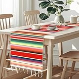 Mexican Table Runner, Mexican Fiesta Party Decorations, 14' X 84' Cinco De Mayo Table Runners, Boho Striped Serape Table Runners Fringe Cotton Blanket for Mexican Fiesta Birthday Party Decorations Red