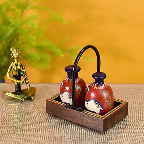 Image of Aakriti Art Creations Happy Elephant Salt & Pepper Shaker Set with Tray | Handcrafted Madhubani Art Ceramic Dispenser Set | Dining Table Salt Pepper Set | Kitchen Decoration Items Stylish