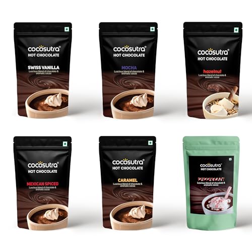 Image of COCOSUTRA Hot Chocolate Mix Combo | Swiss Vanilla, Mexican Spiced, Mocha, Caramel, Peppermint & Hazelnut Flavoured | Pack of 6 (Each 100 g) 600 g | Vegan Drinking Chocolate | Enjoy hot or cold