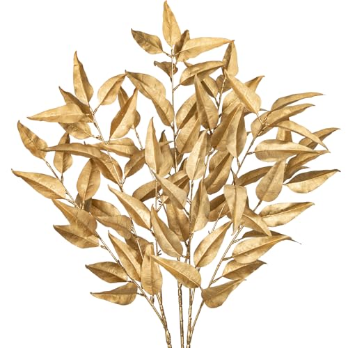 Set de 3 plantas artificiales doradas de eucalipto, rama de planta artificial para decoración de Navidad, flores secas para decoración del hogar, adornos de árbol de Navidad y año nuevo, decoración