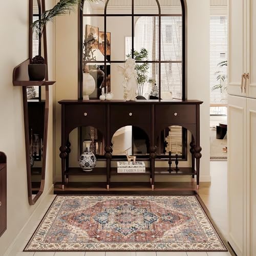 Deerly Area Rug 3x5 Small Entryway Rug Boho Thin Area Rugs for Living Room Non-Slip Lightweight Washable Rug for Kitchen Entryway Bedroom Dining Room Office, Brickred/Multi