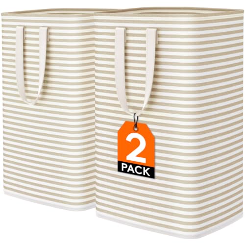 Image of Lifewit 75L x 2 Pack Collapsible Laundry Hamper Large,Tall Foldable Dirty Clothes Baskets Waterproof, Freestanding Double Bags with Easy Carry Handles in Dorm Bedroom Bathroom College, Beige