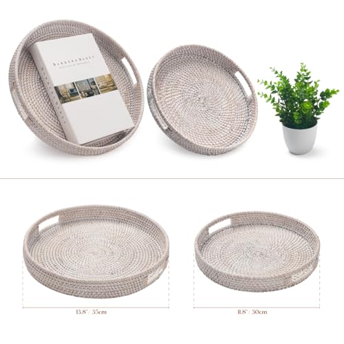 13.8 inch Round Rattan Tray, Decorative Coffee Table Tray, Ottoman Tray, Woven Serving Tray with Handles, Wicker Serving Basket, Whitewash - Image 6