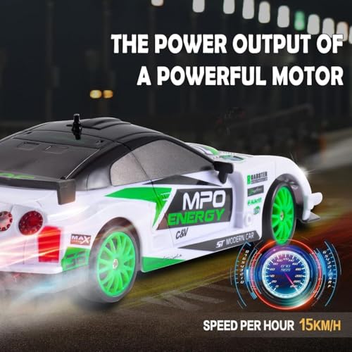 Image of Rc Drift Remote Control Car 1:24 Scale, High-Speed, 4Wd, Led Lights, Rechargeable Racing Car, Drifting Tires, 2.4Ghz, for Kids (1:24 RC Drift - White)