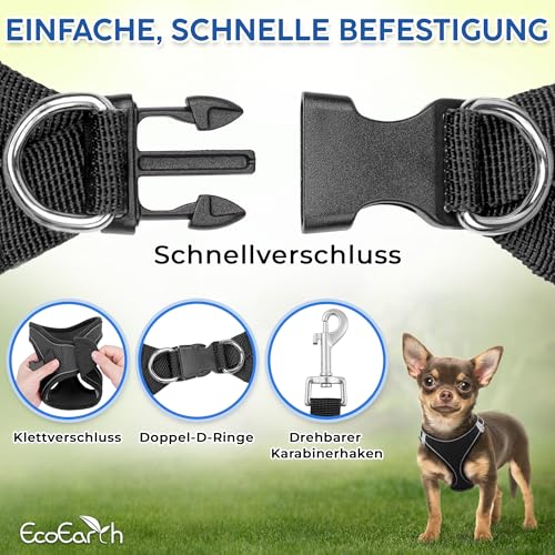 Hundegeschirr + Leine - Mittelgroß, Schwarz - Weich gepolstert, No Pull Design Haustiergeschirr + Reflektierende Streifen für Kleine + Mittelgroße Hunde - von EcoEarth