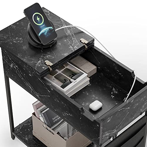 Cubicubi End Table With Power Outlets & Usb Ports, Flip Top Narrow Side Table With Storage Shelf Pockets, Sofa Table Nightstand With Charging Stations For Small Spaces Living Room Bedroom, Marbling #TOP4