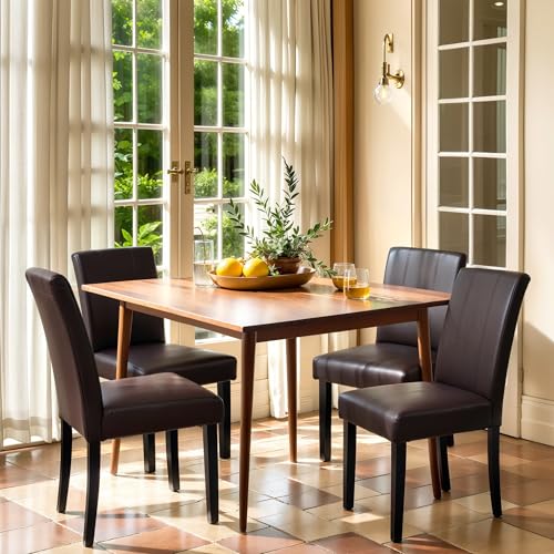 Image of CHUN YI Dining Chairs Set of 4, Faux Leather Dining Room Chairs, Upholstered Modern Parsons Chairs for Dining Room Kitchen Side Chair with Sturdy Wood Legs, Brown (Only Chair)