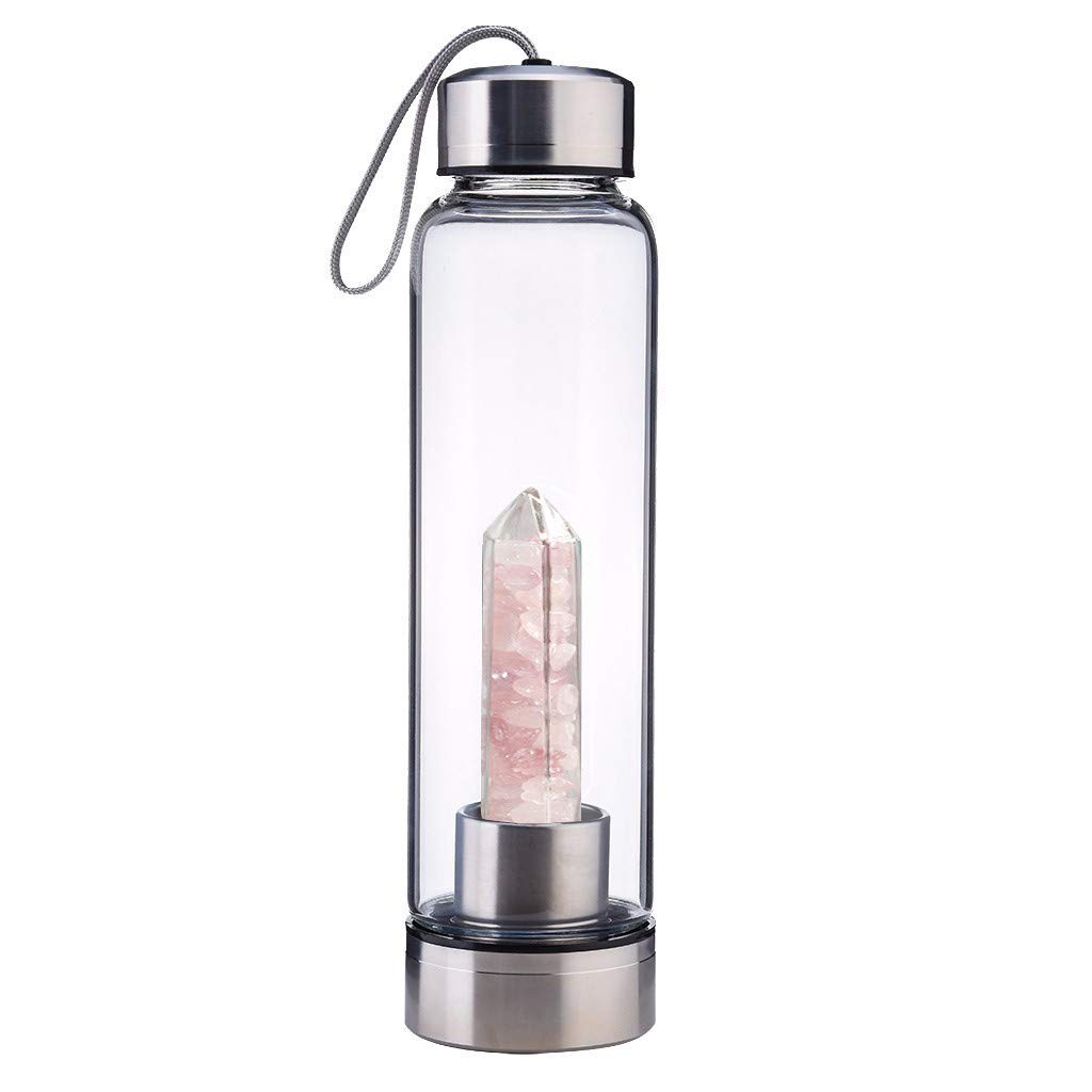 TFMus Reusable Natural Quartz Crystal Water Bottle, Natural Quartz Crystal Gemstone Infused Water Bottle Quartz Crystal Wand Point Reiki Healing Crystal Glass Elixir Cup with Cup Bag. (Pink) (Pink)