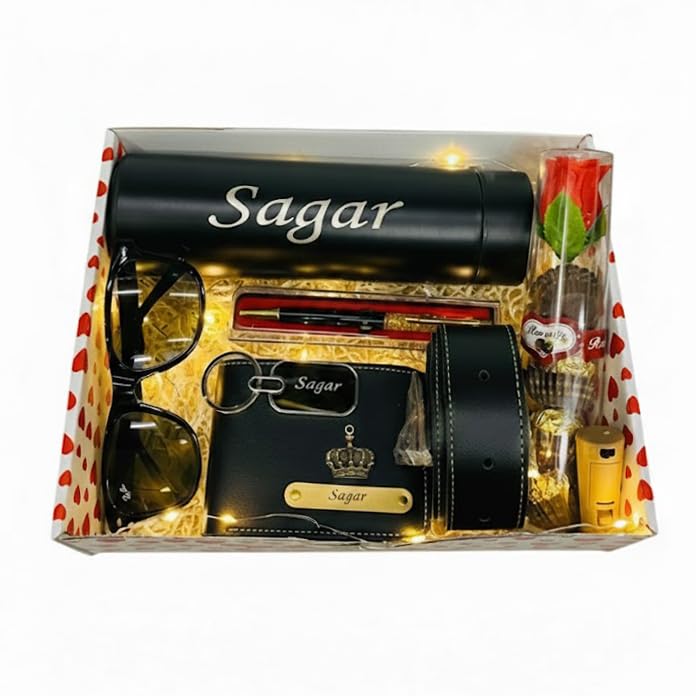 Image of Customize Name Printed Water Bottles, Sunglass, Personalised Mens Wallet, Personalised Belt, Keyring, Pen & Rose Flower Combo Set