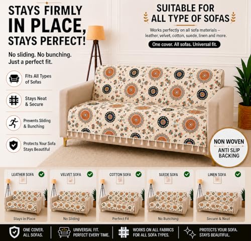 Image of Homerz Premium Printed Quilted Velvet Sofa Slip Cover Protector with Tassels, Sofa Mat, Exact Size, Antislip Cover (Mosaic, 2 Seater, Full)