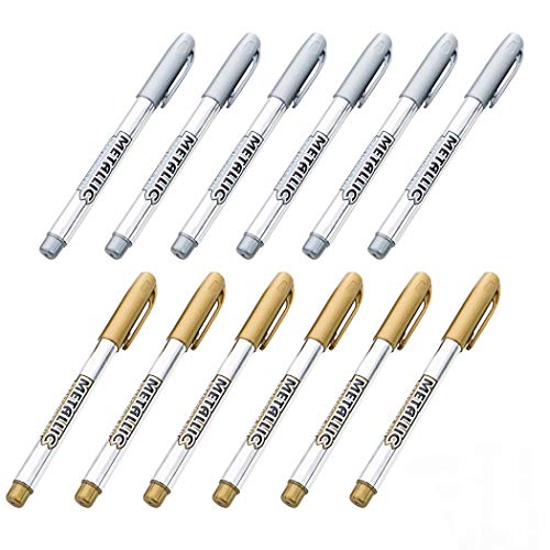 12Pcs Metallic Marker Pens, Creatiee Gold Silver Metallic Permanent Markers Metallic Painting Pens Signature Pens for Card Making Rock Painting Glass Metal Wood Script Lettering DIY Photo Album