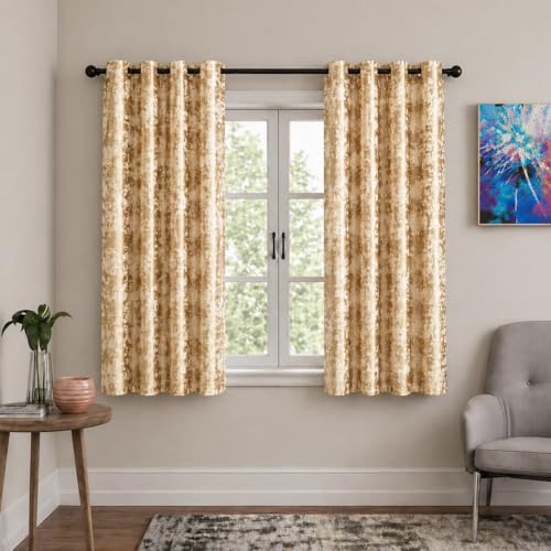 Image of HUTI Home Room Darkening Window Curtain for Home | Heavy Polyester Knitted Jacquard Look Eyelet Curtain | Texture Print | Gold | 5 Feet (120 x 152 cm) | Set of 2