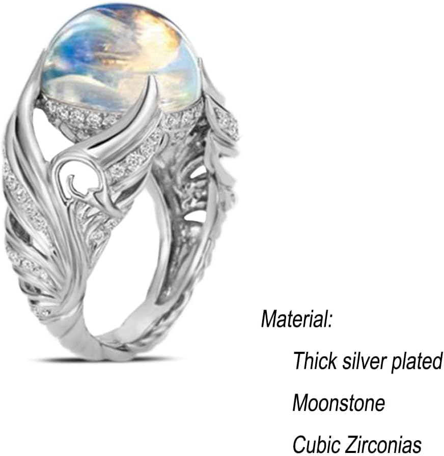 HAIXIAN Feather Leaf Moonstone Ring,S925 Sterling Silver Statement Angel wings Ring,Cocktail Party Jewelry for Women