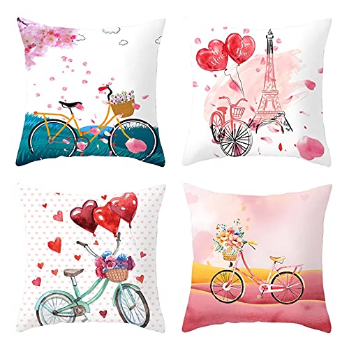 Lieson Housse de Coussin 45 X 45 Lot de 4, Housse Oreiller Decoratif Rose Blanc Sarcelle Taie D Oreiller Deco Coeur Ballon Vélo Tour Eiffel, Polyester