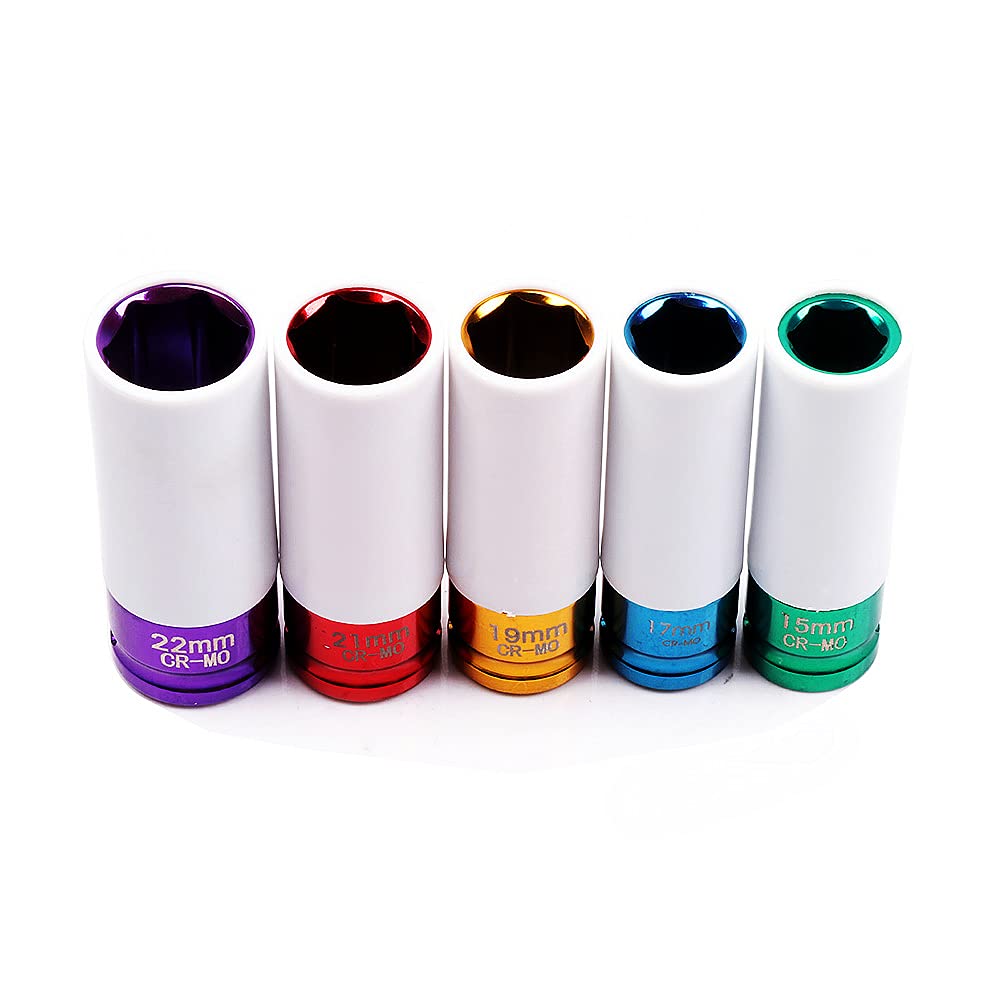 ECCPP 5pcs 1/2 inch Drive Thin Wall Impact Socket Wheel Rim Protector Tool Set 15mm 17mm 19mm 21mm 22 mm CR-MO Steel